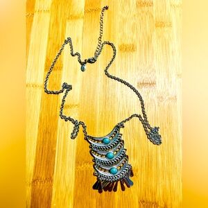 Lia Sophia Boho LONG Silver and Simulated Turquoise Pendant Necklace Fringe